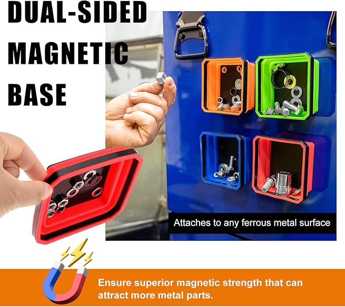 2 PCS Collapsible Magnetic Parts Tray, 4.5 Inch Foldable Magnetic Square Silicone Tray, Tool Tray Set with Double-Sided Magnetic Base for Screw Bolts Nuts Pins, Car Accessories (Orange+Red)