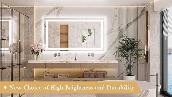TETOTE LED Light up Bathroom Mirror Wall Mounted 48 x 24 Inch Brighter Front and Backlit Lighted Bathroom Vanity Anti Fog Mirror with Lights, 3-Color Dimmable Illuminated, Waterproof