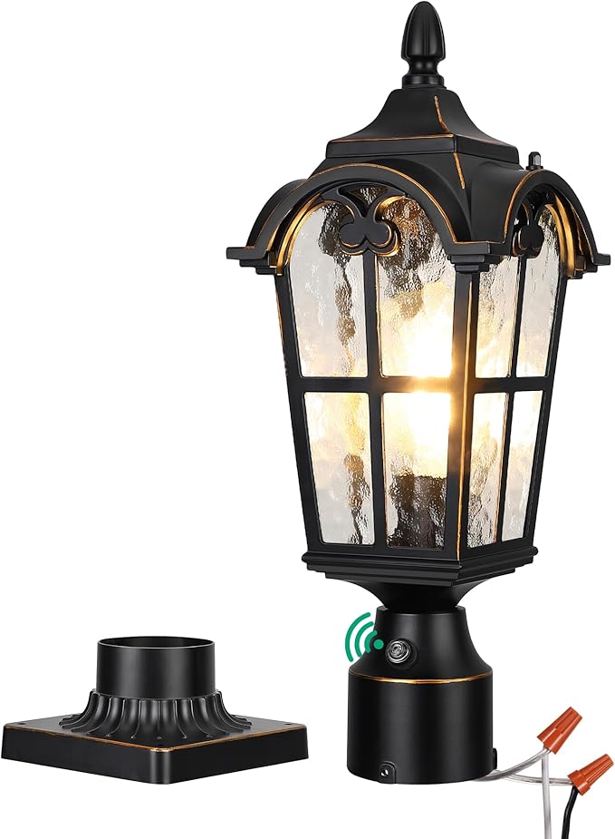 EDISHINE Dusk to Dawn Outdoor Post Light with Pier Mount Base, Hardwired Black Roman Waterproof Pole Lantern Fixture, Water Ripple Glass Exterior Lamp Post Light for Driverway, Patio, Pathway