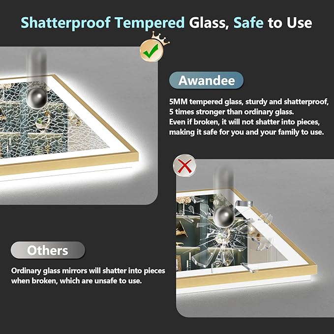 55x36 Gold LED Bathroom Mirror with Lights, Brushed Gold Framed Backlit and Front Lit Anti-Fog Lighted Vanity Mirrors for Bathroom Wall, Dimmable, 3 Colors, Memory, HD Tempered Glass, CRI＞90