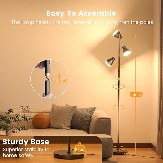 RGB Floor Lamp, 36W LED Dimmable Standing Lamp with 3 Swivel Lights, Color Changing Tall Lamp with Remote, Stepless Dimmable Modern Floor Lamps for Living Room, Bedroom, Gaming Room,Office