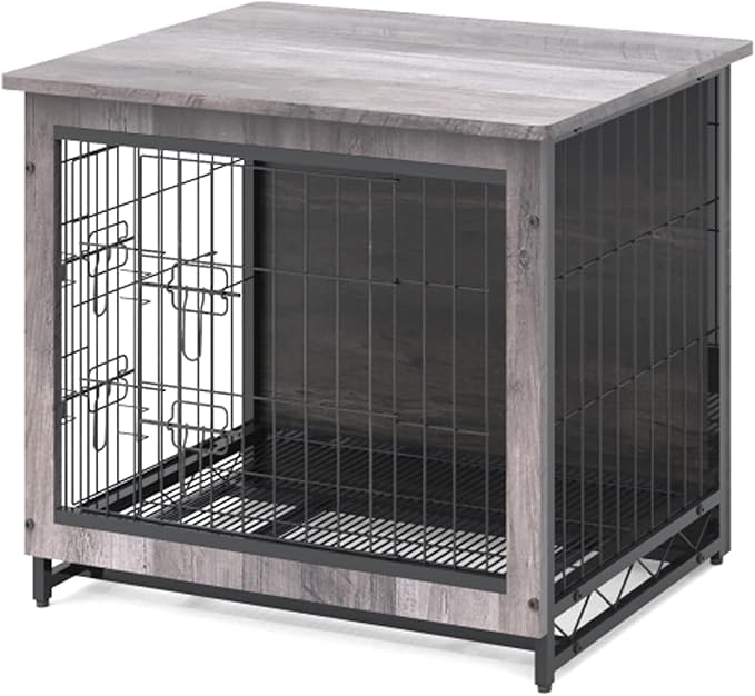 Feandrea 32.5" Dog Crate Furniture, Indoor Dog Cage Side End Table, L Pet Wood Kennel for Large and Medium Dogs up to 45 lb with Multi-Purpose Removable Tray, Double-Door Pet House, Greige