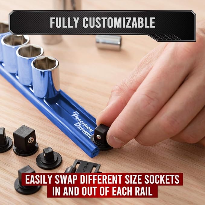 Precision Defined Aluminum Tool Socket Holder 3-Piece Set | Blue, 1/4-Inch x 16 Clips, 3/8-Inch x 16 Clips, 1/2-Inch x 14 Clips | 360 Rotation - Heavy Duty Socket Rails Organizer, Socket Storage