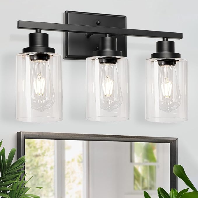 Ascher Bathroom Vanity Light Fixtures, 3 Light Wall Sconces Lighting with Clear Glass Shade, Black Wall Lights for Mirror, Kitchen, Living Room, Gallery, Hallway, E26 Base (Bulbs Not Included)