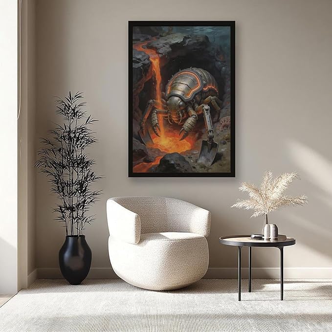 Framed Steampunk Mechanical Trilobite Wall Art - Volcanic Underwater Retro Poster for Garage Apartment Decor 16x24in