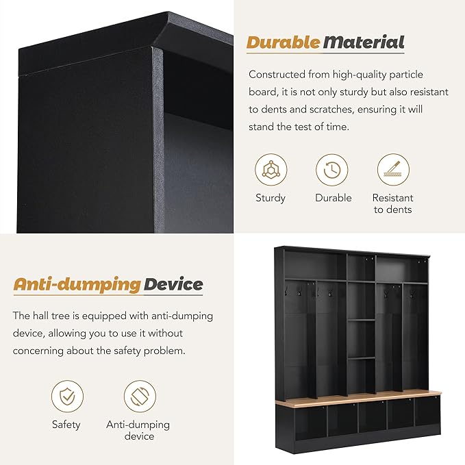 66.9" Wide Hall Tree with Storage Bench, Shoe Cabinet with Cube Storage & Shelves, Coat Rack with 8 Hooks for Entryways