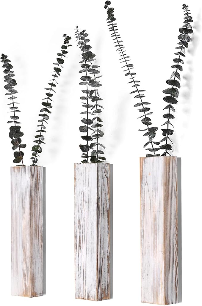 Wooden Wall Planter Set of 3 - Modern Home Decor for Living Room, Bedroom, Bathroom - Vintage Finish Planter for Dried Flowers, Faux Greenery, Indoor Plants