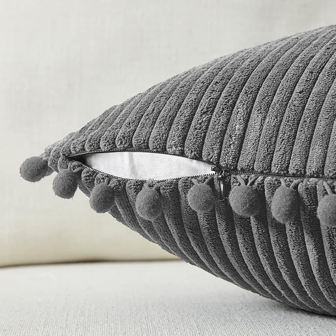 Fancy Homi Dark Gray Decorative Throw Pillow Covers 18x18 Inch with Pom poms, Boho Farmhouse Home Decor, Soft Corduroy Accent Square Cushion Case for Living Room Couch Bed Sofa 45x45 cm