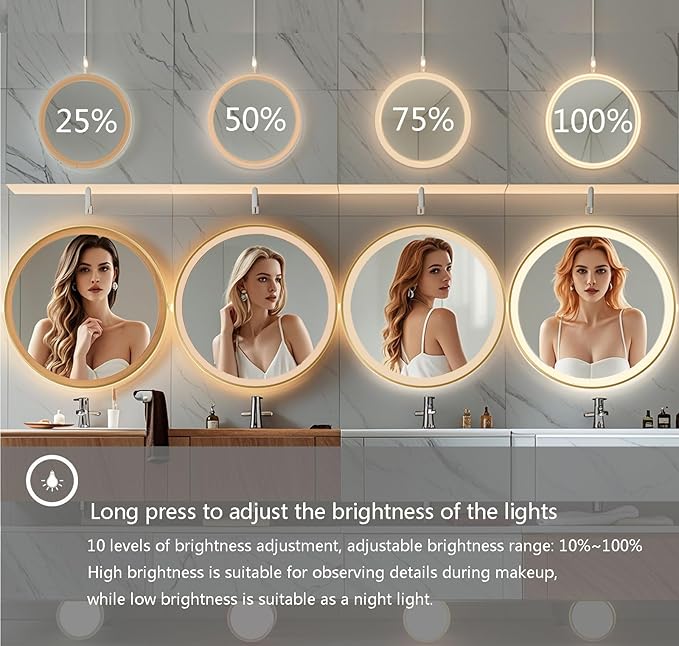 Wall-Mounted Round Bathroom Mirror with LED-Lights - Frame Vanity Mirrors (28" x 28", Gold)