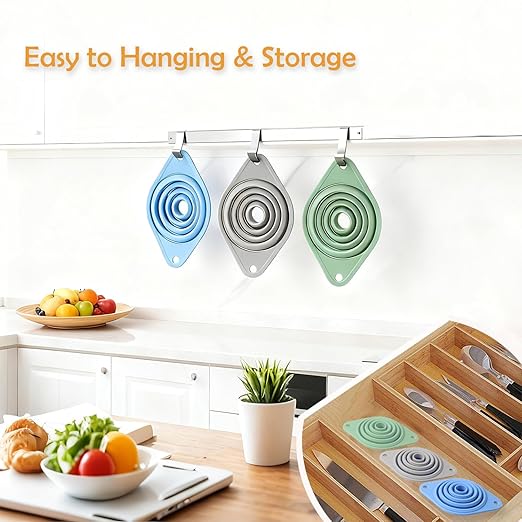 Kitchen Funnel Set 3 Pack, Collapsible Silicone Funnel for Kitchen Use, Small Funnels for Filling Bottle, Transfer Liquid, Oil and Powder, Food Grade Silicone Filter with a Brush