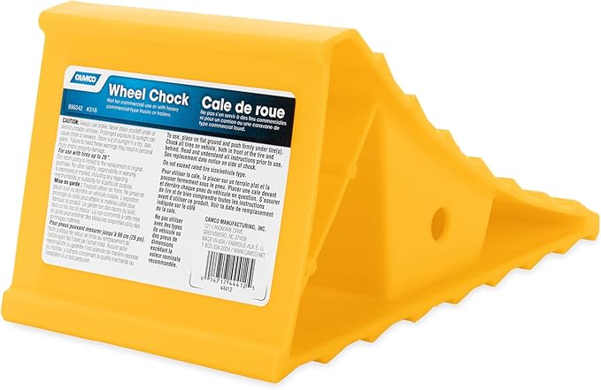 Camco Standard Wheel Chock for Trailers & RVs - Heavy Duty Trailer Wheel Chock Constructed of Durable Plastic w/UV inhibitors - for Use w/Tires Up to 26-inches - Re-Hitch in Confidence - 44412