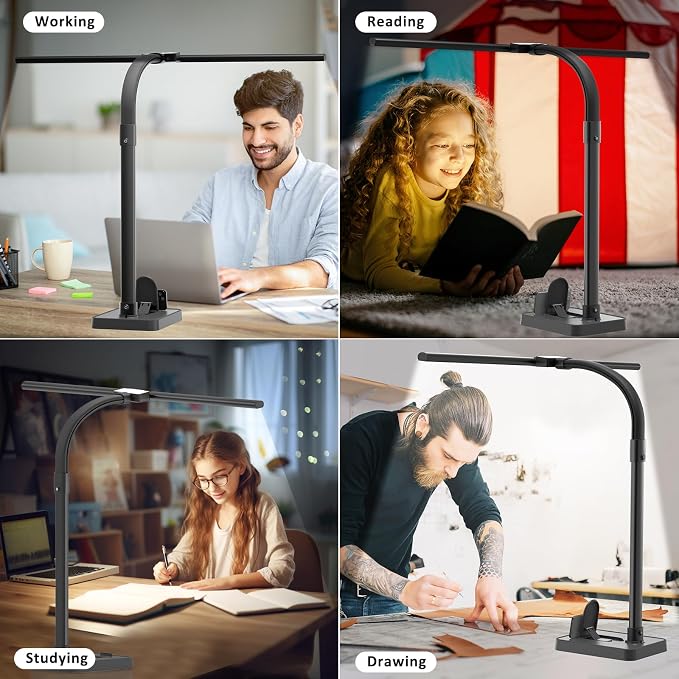 Double Head LED Desk Lamp, Architect Desk Lamps for Home Office, 24W Brightest Workbench Office Lighting-5 Color Modes and 5 Dimmable Eye Protection Modern Desk Lamp (Black-Desktop, Big)
