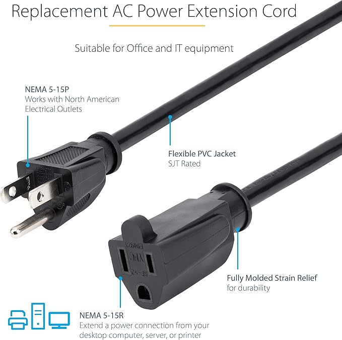 StarTech.com 20ft (6m) Power Extension Cord, NEMA 5-15R To NEMA 5-15P Black Extension Cord, 13A 125V, 16AWG, Outlet Extension Power Cable, NEMA 5-15R To NEMA 5-15P AC Power Cord, UL Listed (PAC10120)