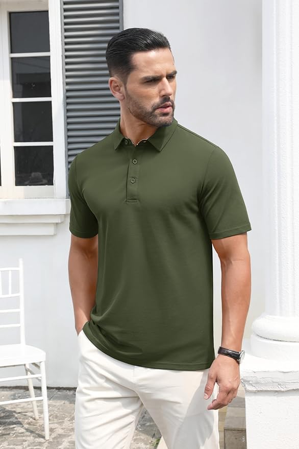 MAGCOMSEN Men's Polo Shirts Short Sleeve Cotton Pique 3 Button Classic Fit Casual T-Shirt Performance Golf Shirts