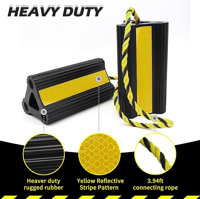Wheel Chocks for RV Trailer Travel Camper Truck Car, Sturdy Heavy Duty Simple Easy to Use, Rubber Tires Block Stopper Chock with Rope and Yellow Reflective Tape Trailer RV Accessary(2set4pack)