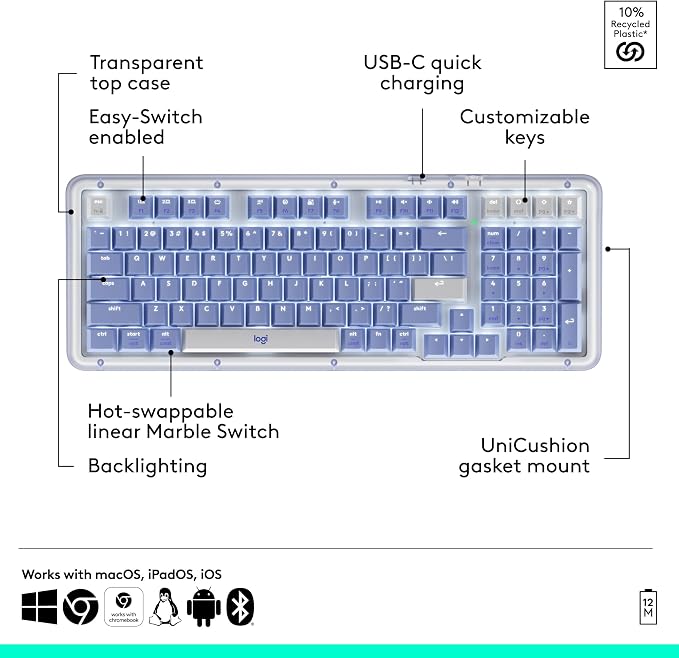 Logitech Alto Keys K98M Wireless Mechanical Gasket Keyboard - Lilac | Customizable, clicky, vibration absorbing gasket, white backlit keys, Bluetooth, USB-C charging, for PC, Mac, Laptops