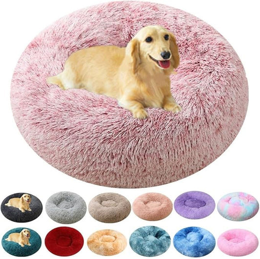 Calming Small Dog Bed Pink Cat Bed, 20 Inch Donut Fluffy Anti-Anxiety Round Bed Washable Cute Bed, Cuddler Warming Cozy Soft Bed, Plush Cushion Bed for Small Medium Dogs and Cats (Rose White)