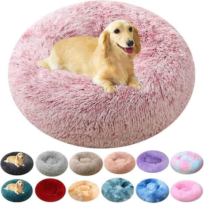 Calming Donut Dog & Cat Bed, 36 Inch Round Fluffy Dog Beds for Small Medium Large Dogs and Cats Anti-Anxiety, Puppy Bed, Washable Round Cozy Soft Pet Bed (Rose White)