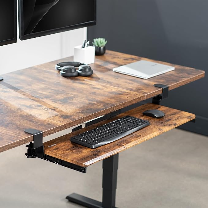 VIVO Vintage Brown Large 34 x 11 in Under Desk Keyboard Tray, MOUNT-KB15EN | Keyboard Tray for Typing, Slide Out Platform, Rustic, Extra Sturdy C-Clamp Mount System, Computer Drawer, Black Frame