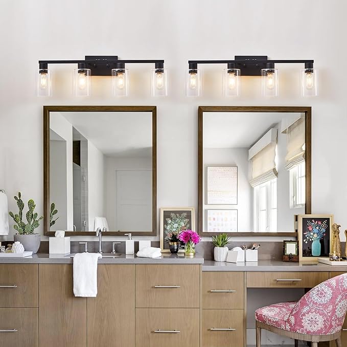 4 Light Bathroom Vanity Light Fixtures, Black Farmhouse Bathroom Vanity Light with Clear Glass Shade, Bathroom Lighting Fixtures Over Mirror, Vanity Lights for Bathroom Mirror