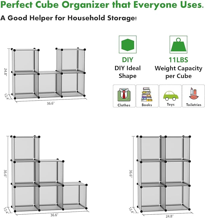 C&AHOME Cube Storage Organizer, 6-Cube Shelves Units, Closet Cabinet, DIY Plastic Modular Book Shelf, Ideal for Bedroom, Living Room, Office, 36.6" L x 12.4" W x 36.6" H Grey UPCS06G