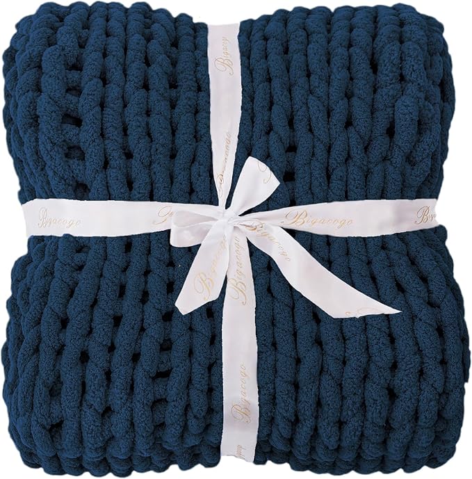 Bigacogo Chunky Knit Throw Blanket for Couch, 40x80 inches, Navy Blue | Hand Knit with Jumbo Chenille, Soft Breathable Cable Knit for Sofa Bed Living Room, Machine Washable, Gift for Mom Friend