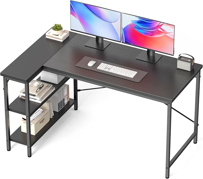 DUMOS 47 Inch L Shaped Desk, Computer Gaming Corner Desks with Shelves | Home Office PC Table, Writing Working Study Desk for Bedroom Dorm, Reversible Design, Black