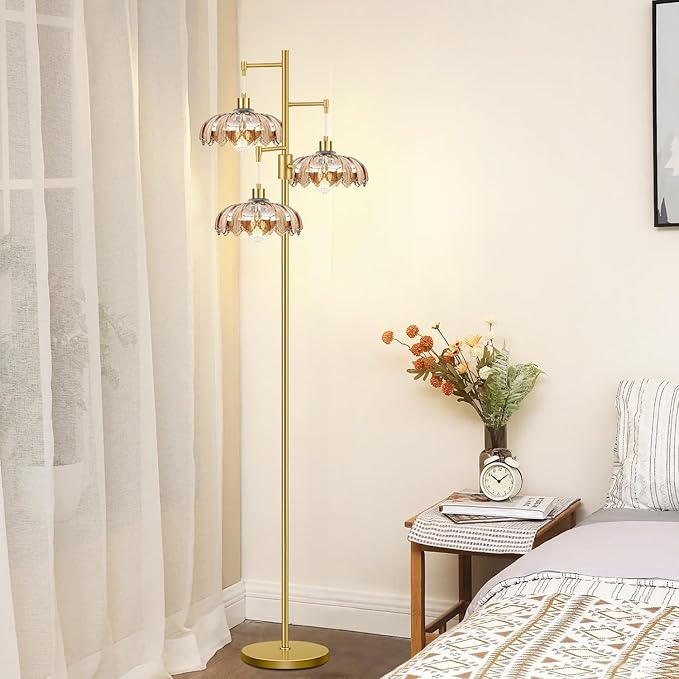 Dimmable Floor Lamp for Living Room Bedroom-3 Light Gold Floor Lamp with Glass Lampshape, Flower Tall Lamp Mid Century Modern Standing Lamp Glass Tree Floor Lamps for Living Room Bedroom,Corner