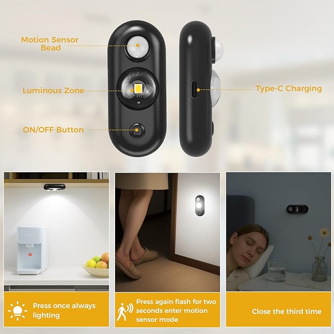 LED Motion Sensor Puck Lights, Small Rechargeable Under Cabinet Light, Dimmable Daylight White Closet Lights, Wireless Under Cabinet Lighting for Drawer, Kitchen (8 Pack, Black)