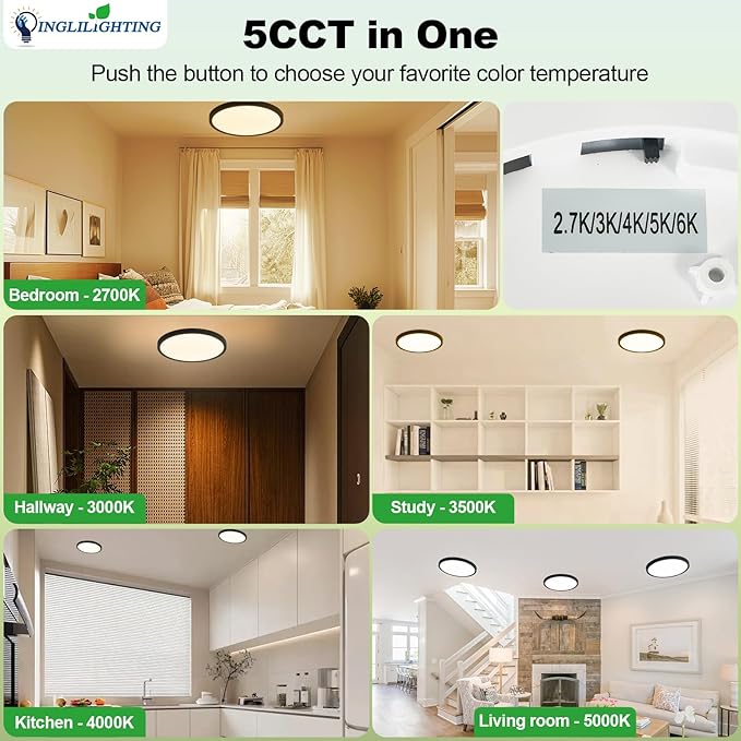 LED Flush Mount Ceiling Light: 16 inch 1Pack Super Slim Dimmable & 5CCT (2700-6500K) Kitchen Lighting Fixtures Ceiling - 32W Black Low Profile Ceiling Lamp for Bedroom Garage Hallway