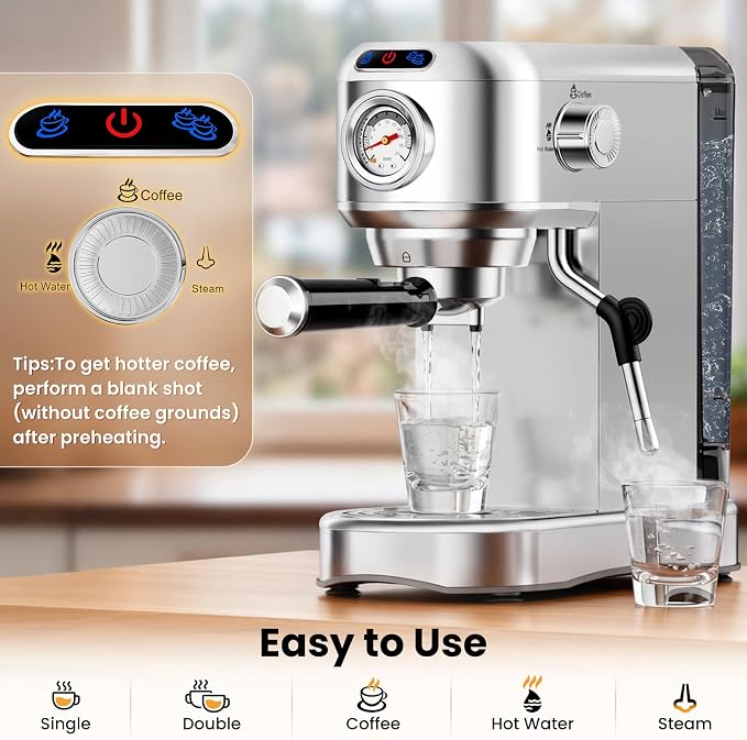 Espresso Machine 20 Bar, Compact Espresso Coffee Machine with Milk Frother, Stainless Steel Coffee Maker with 34oz Removable Water Tank, Cappuccino Machine for Home, Office, Latte (Silver)
