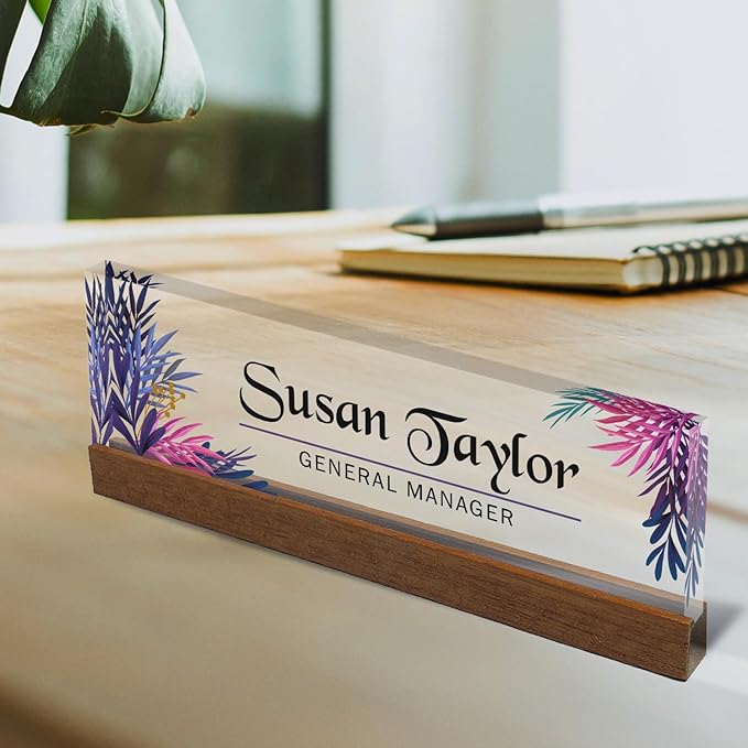 Artblox Personalized Office Desk Name Plate and Business Card Holder | Clear Acrylic Glass with Teak Wood Stand | Leaf Design Customized with Your Name and Credentials Office Desk Decor