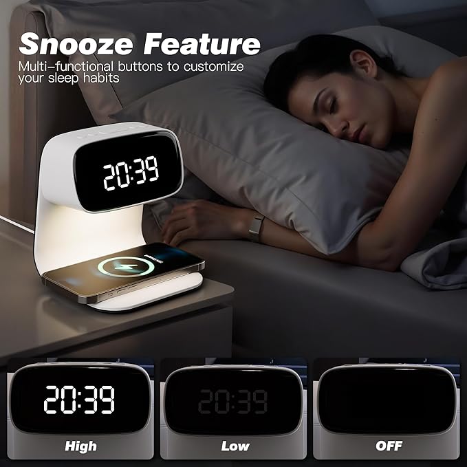 Digital Alarm Clock with Wireless Fast Charging Station 15W Touch Smart Lamp for Bedside,3 Colors Nightlight Adjustment Night Lamp for Living Room,Bedside,Heavy Sleepers (White+Cable&Adapter)