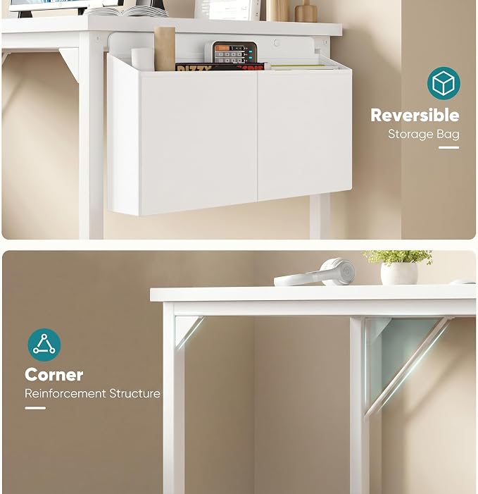 OLIXIS Computer Desk, 63 Inch Gaming Desks for Home Office Small Spaces | Writing Study Craft Work Table, Computer Workstation for Bedroom with Storage Bag, All White