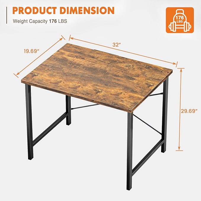 Sweetcrispy 32-Inch Small Computer Desk for Bedroom, Brown | Gaming Writing Work and Study Desk for Home Office, Sturdy Metal Frame and Compact Modern Design with X-Shaped