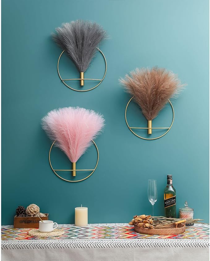 Pretty Jolly Boho Pampas Wall Decor Gold Metal Wall-Mounted Art | Morden Artificial Greenery Display，2 Pack Coffee Hanging Planter For Living Room, Bedroom, Bathroom, Dining room