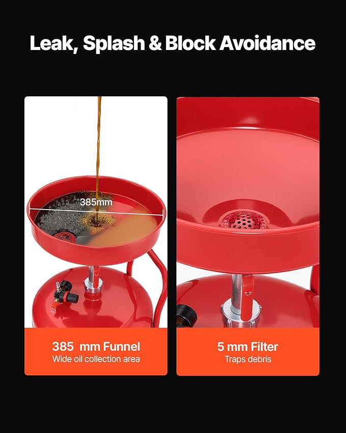 VEVOR 25 Gallon Waste Oil Drain Tank, Air Operated Portable Oil Drainer with Adjustable Funnel Height, Industrial Fluid Drain Tank with Wheels, Fluid Fuel Transfer Drainage for Auto Repair Shops, Red