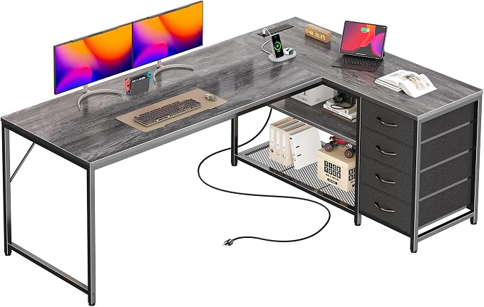 PRAISUN 61" L Shaped Desk with Power Outlets & USB-C Port, Reversible Computer Corner Office Desk with 4 Fabric Drawers and 2 Storage Shelves, Large Desk for Gaming Writing Study, Grey