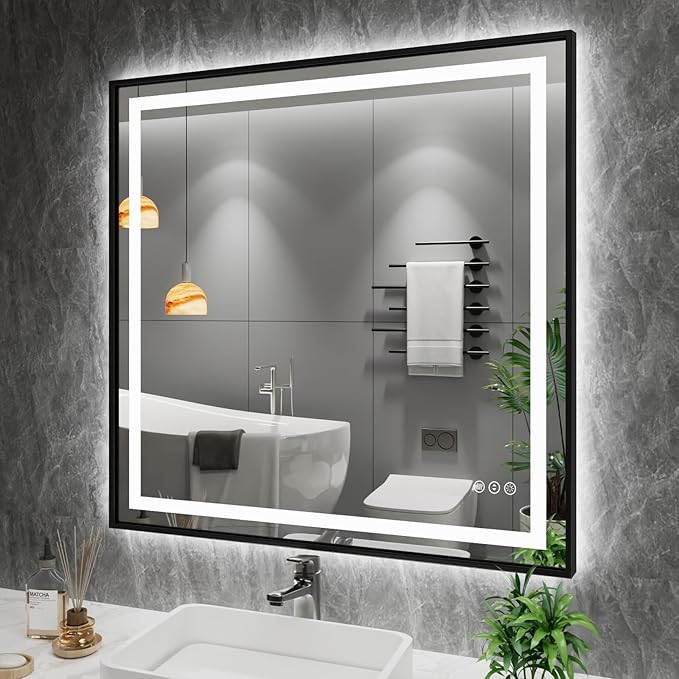 Amorho LED Mirror for Bathroom, 40" X38" Front Light and Backlit Black Framed, Stepless Dimmable, Anti-Fog, Shatter-Proof, Memory, 3 Colors, Double LED Vanity Mirror