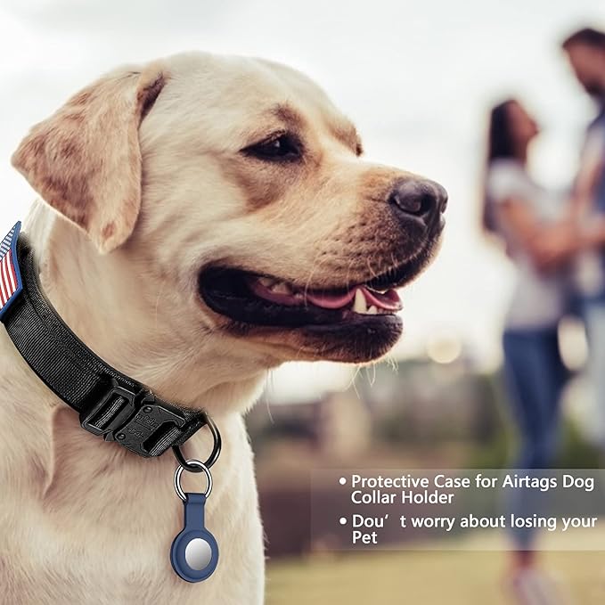 DAGANXI Tactical Dog Collar, Adjustable Military Training Nylon Dog Collar with Control Handle and Heavy Metal Buckle for Medium and Large Dogs, with Patches and Airtags Case (XL, Black)
