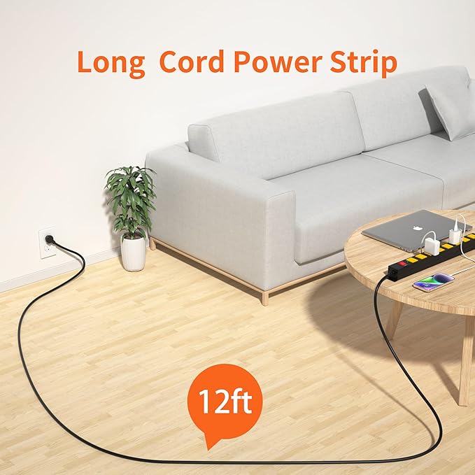 8 Outlet Power Strip 2100J Surge Protector, 12FT Heavy Duty Extension Cord Wide Spaced Outlet and Wall Mount Metal Powerstrip for Home Office Garage Workshop