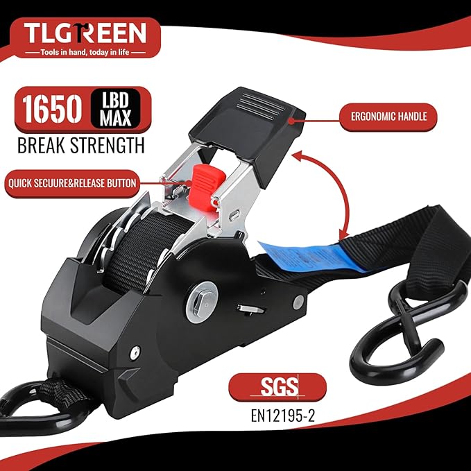 TLGREEN Retractable Ratchet Straps,Black,4 Pack,1” x 10’1650lb Break Strength Heavy Duty Auto Self Retracting Tie Down Straps for Truck, Cargo, Motorcycle, ATV, UTV,Boat