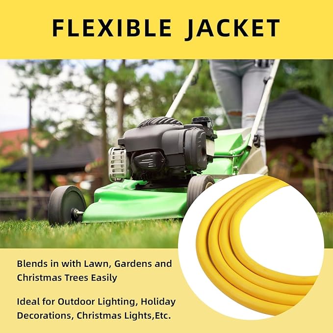 EP 12/3 30 FT Indoor Outdoor Yellow Extension Cord Waterproof, 12 Gauge 3 Prong Power Cord Flexible Resistant Appliance Extension Cable Electric Cable Outside, 15A 1875W 12AWG SJTW, ETL Listed