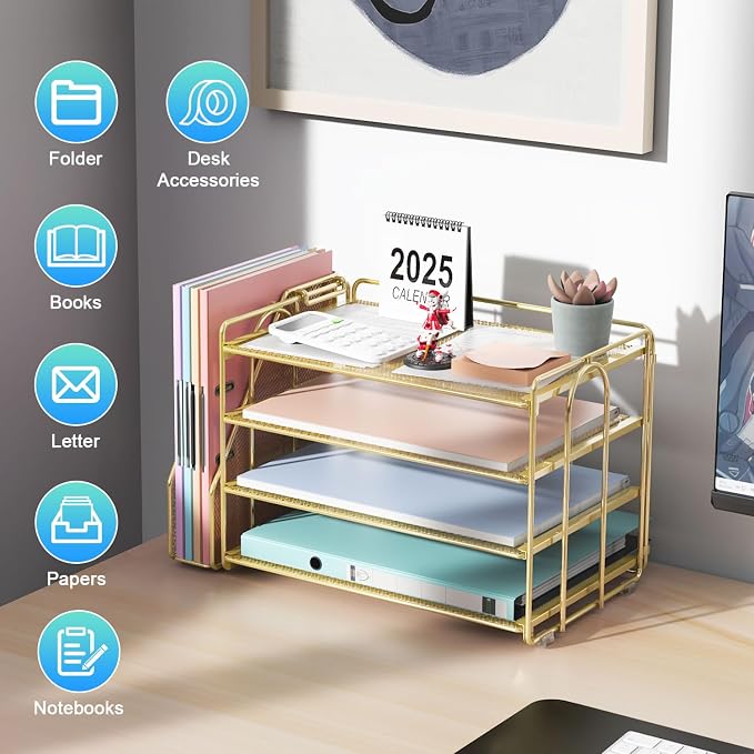 gianotter 4-Tier Paper Organizer With Magazine Holder | Desk Organizers and Accessories, File Organizer for Office Supplies Storag (Gold, 4-Tier)