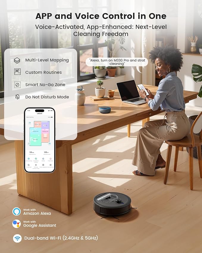 Lefant Robot Vacuum and Mop, 450ml Visible Dustbin, Upgraded 190° PSD Obstacle Avoidance, Customized Cleaning, Multi-Floor Mapping, 150 Mins Runtime, 2.4G/5G WiFi, Pet Hair & Carpets, M330 Pro
