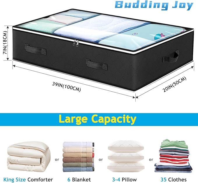 Budding Joy 90L Under Bed Storage Containers, Closet Organizers and Storage Bins, Foldable Underbed Storage Bags for Blankets, Towels, Comforter, Sweaters, Pillows, Linen Sheets, Wrapping Paper，Black