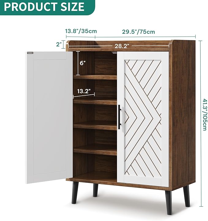 YITAHOME Shoe Cabinet with Doors, 5-Tier Shoe Storage Organizer with Adjustable Shelves, Modern Freestanding Wooden Shoe Rack Cabinet for Entryway, Hallway, Closet, Living Room, Brown & White