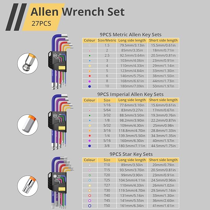 AMTOVL Hex Keys Set - Allen Key Set & Torx Key Set, Metric/Imperial 27PCS Allen Wrench Set Long Arm Ball Head Design with T-Handle Color Coding 1.5-10mm, T10-T50, 1/16-3/8