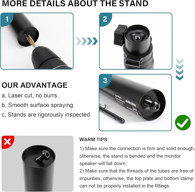 Vondynote Pair of Studio Monitor Stands Desk Clamp Speaker Stands 12°Tilt | Heavy Duty, 10.4"-15.4" Height Adjustable, for Monitor Speakers Laptop Projector CD Player
