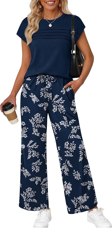 WIHOLL Two Piece Set for Women Summer Spring Outfits Matching Sets Women Clothing Airport Travel Vacation Wide Leg Pants